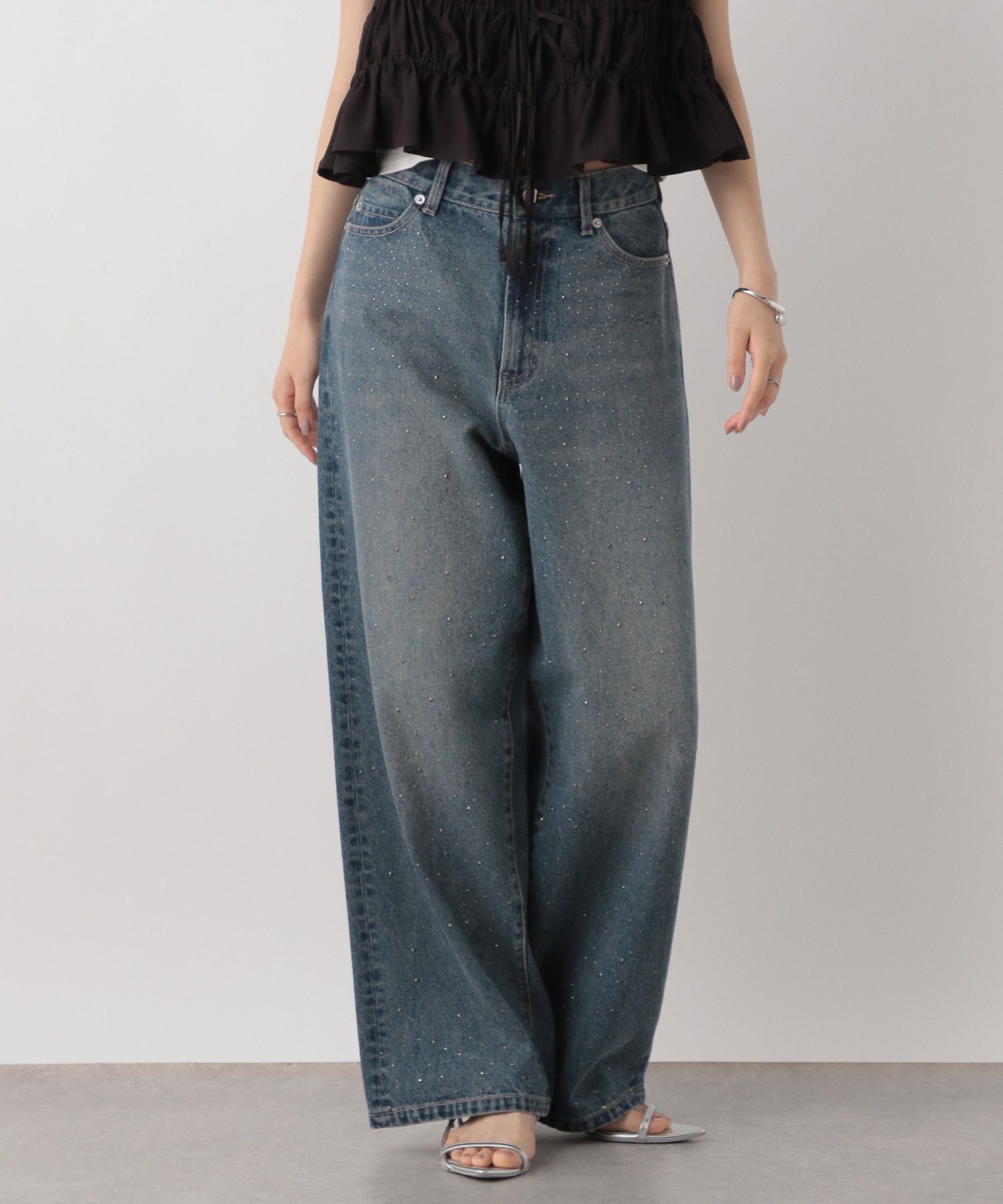 LOWRYS FARM「ビジューワイドストレートＰ」|デニム|BLU4