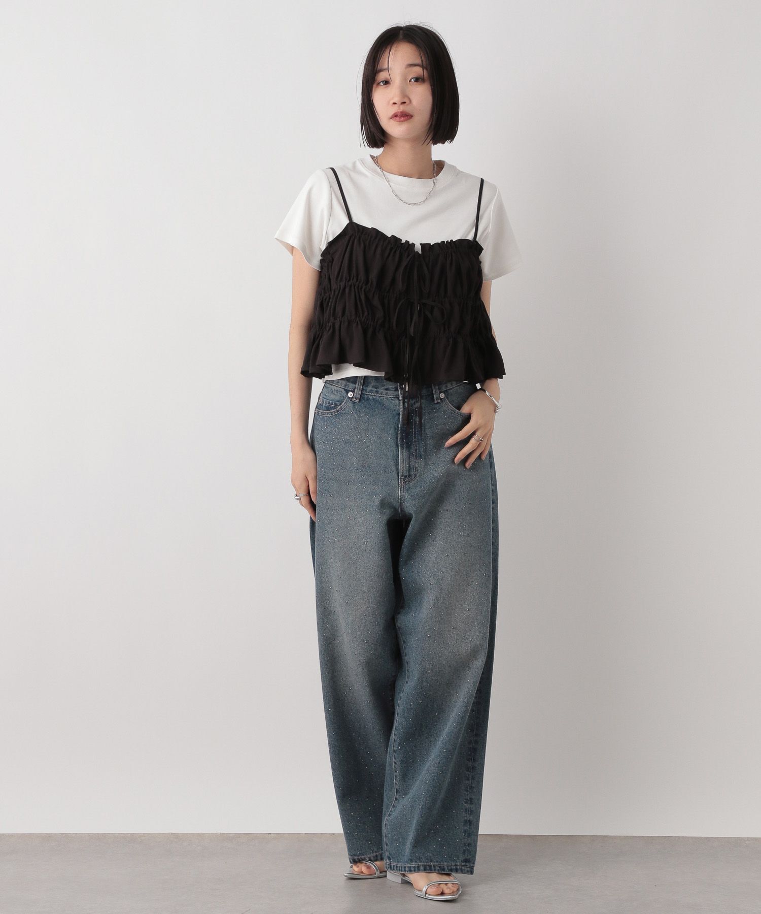 LOWRYS FARM「ビジューワイドストレートＰ」|デニム|