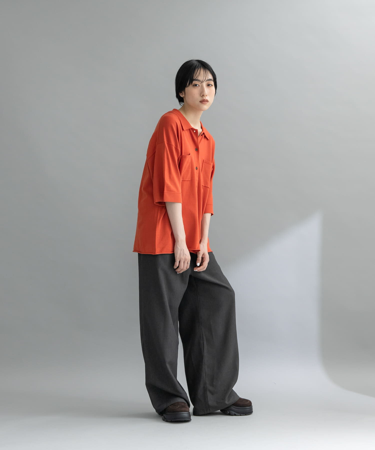  「『WEB限定』ルーズシルエットニットシャツ」|ニット・セーター|オレンジ