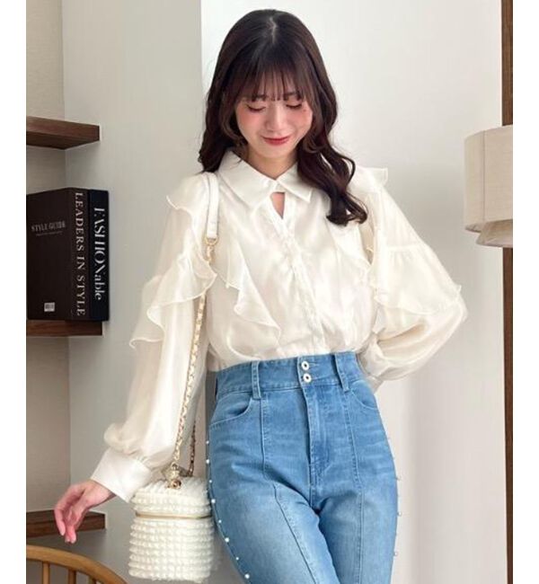  「襟付きエアリーフリルブラウス」|シャツ・ブラウス|アイボリー