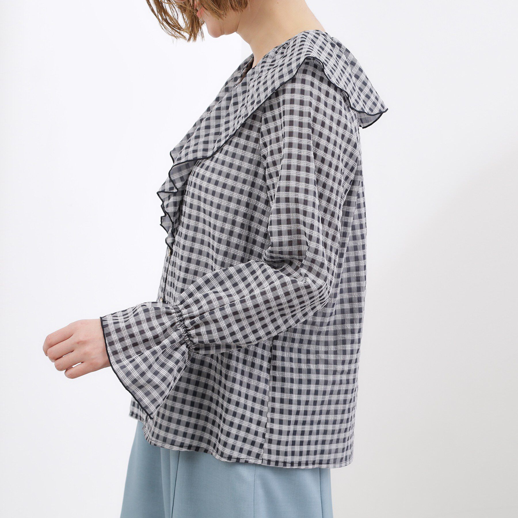 grove「大人の華やぎチェックフリルブラウス」|シャツ・ブラウス|
