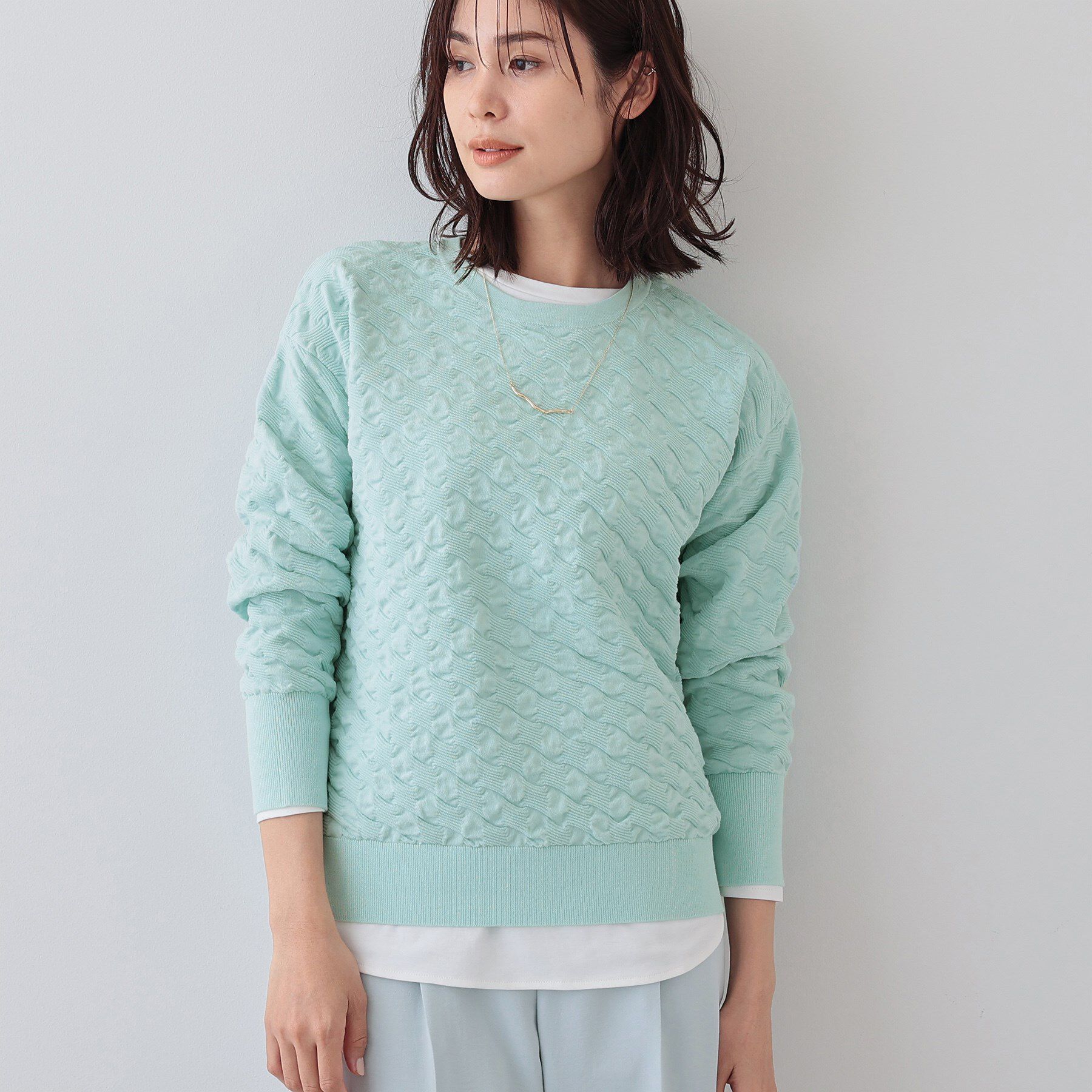 INDIVI「【洗える／コットン混】ふくれジャカードニット」|ニット・セーター|ライトグリーン(02