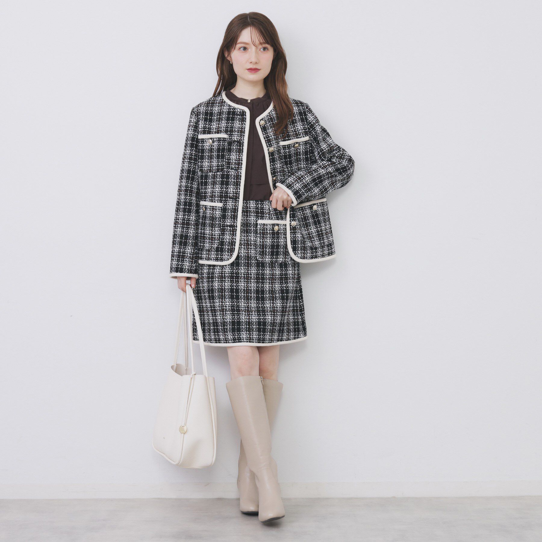 index「チェックツイードジャケットコート/セットアップ対応【洗える】」|ノーカラージャケット|