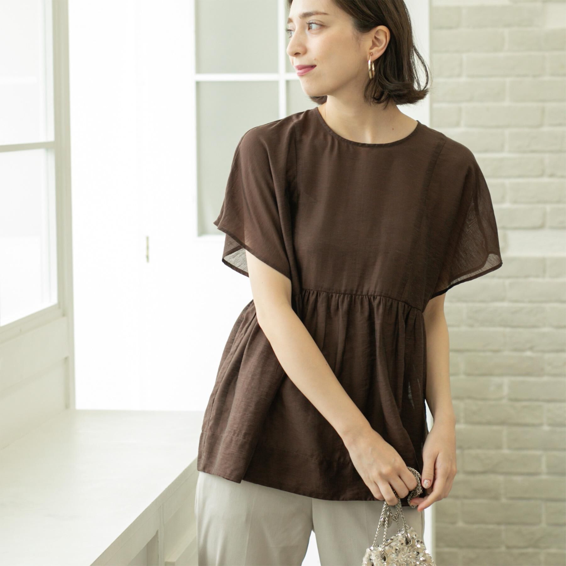 OPAQUE.CLIP「麻混シアーペプラムブラウス【洗濯機洗い可】」|シャツ・ブラウス|ブラウン(044)