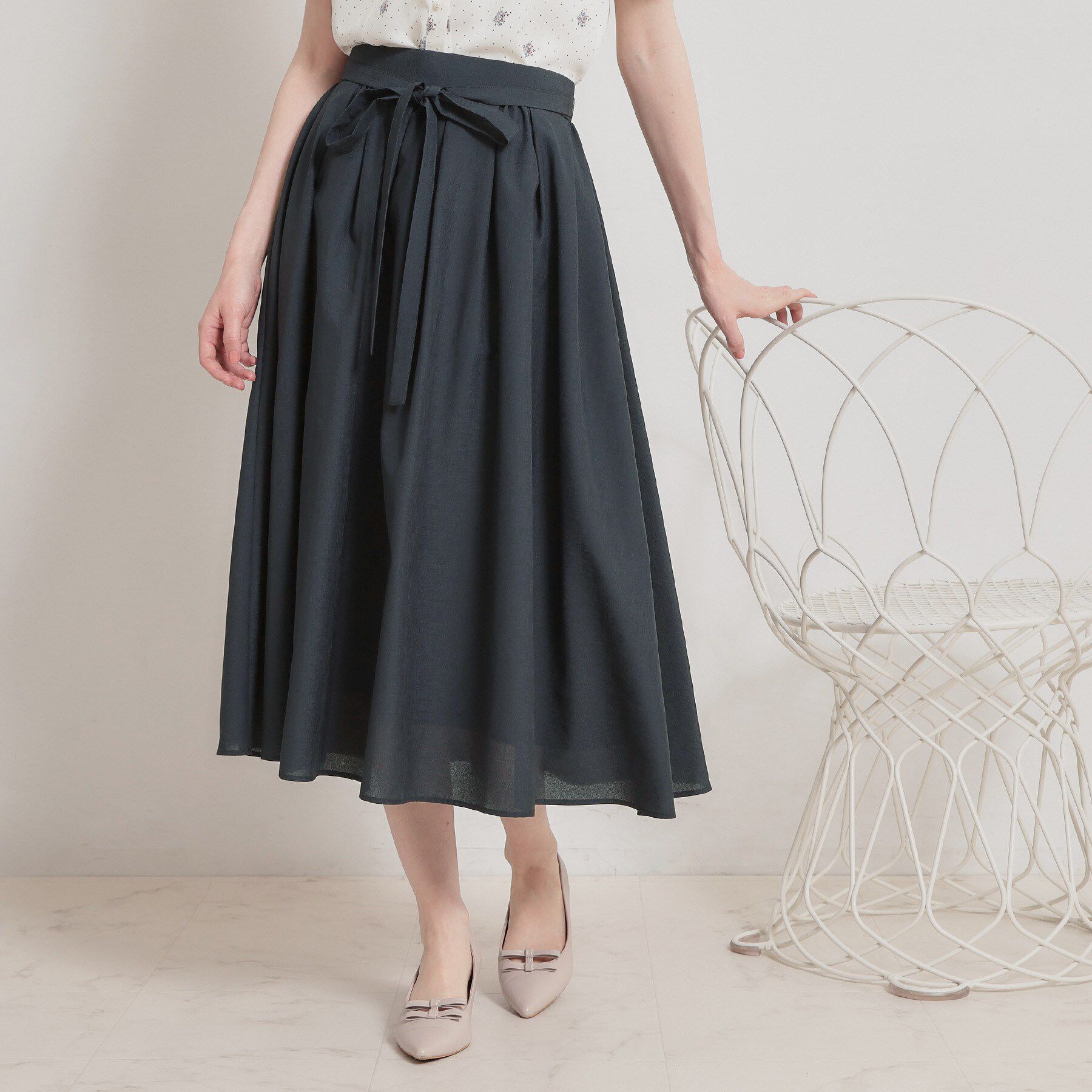 Couture broach「【洗える】パレットボイル 細リボン付きスカート」|スカート|ネイビー(094)