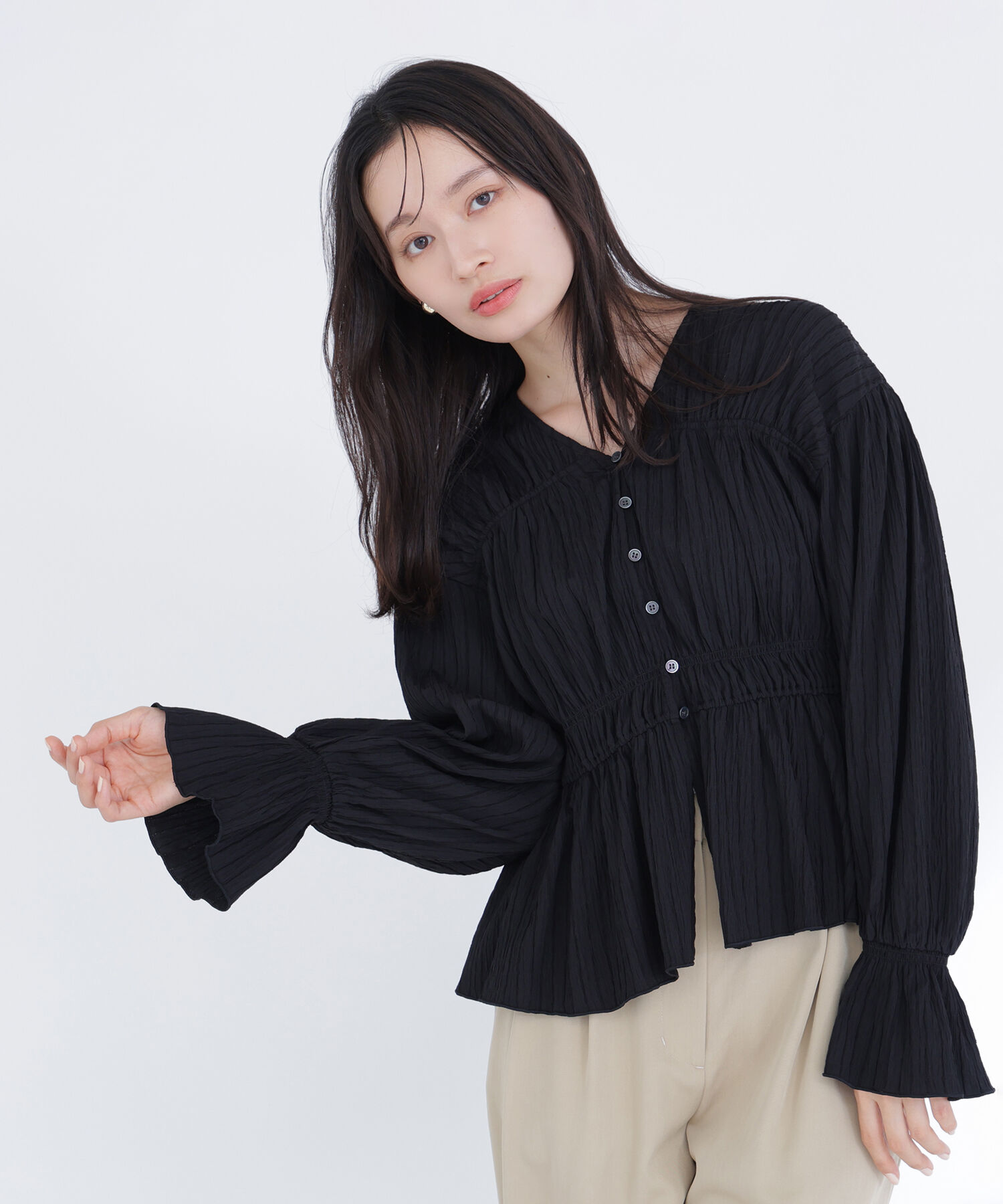  「Vネックギャザーブラウス」|シャツ・ブラウス|