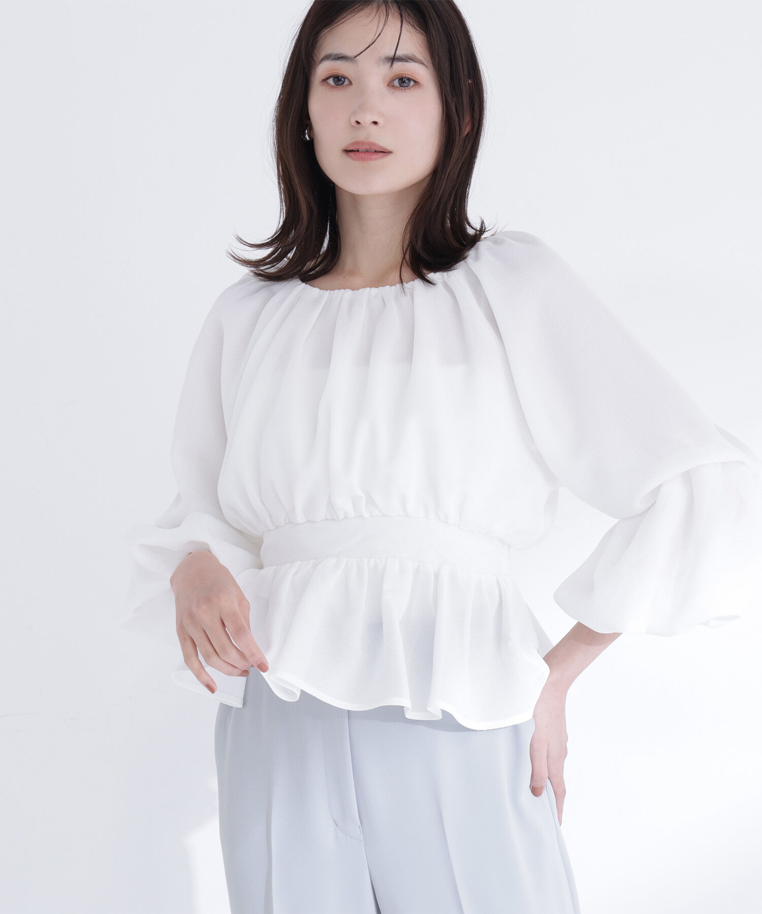  「メッシュギャザーペプラムブラウス」|シャツ・ブラウス|
