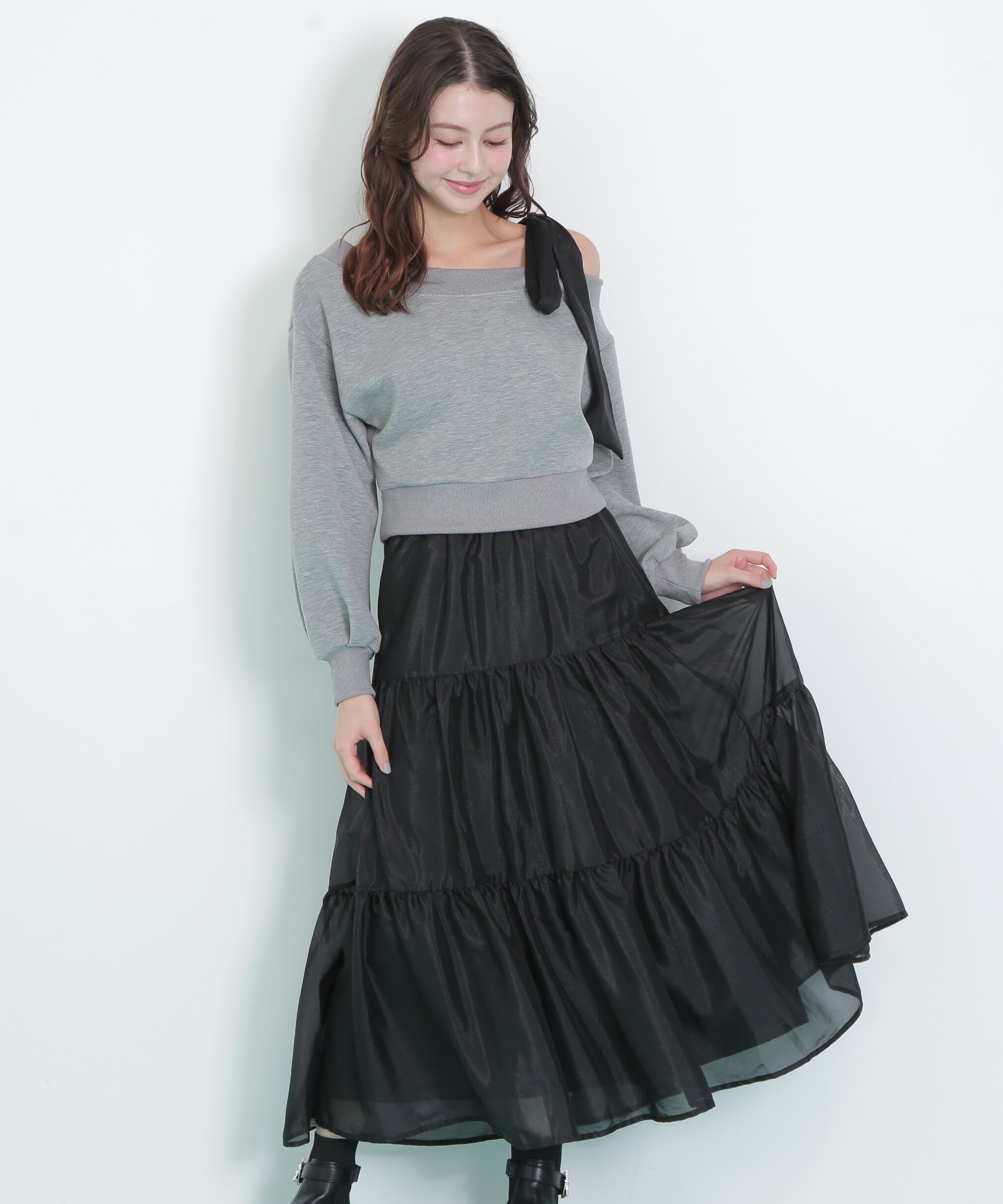  「肩リボンスウェットセットアップ」|ワンピース|グレー