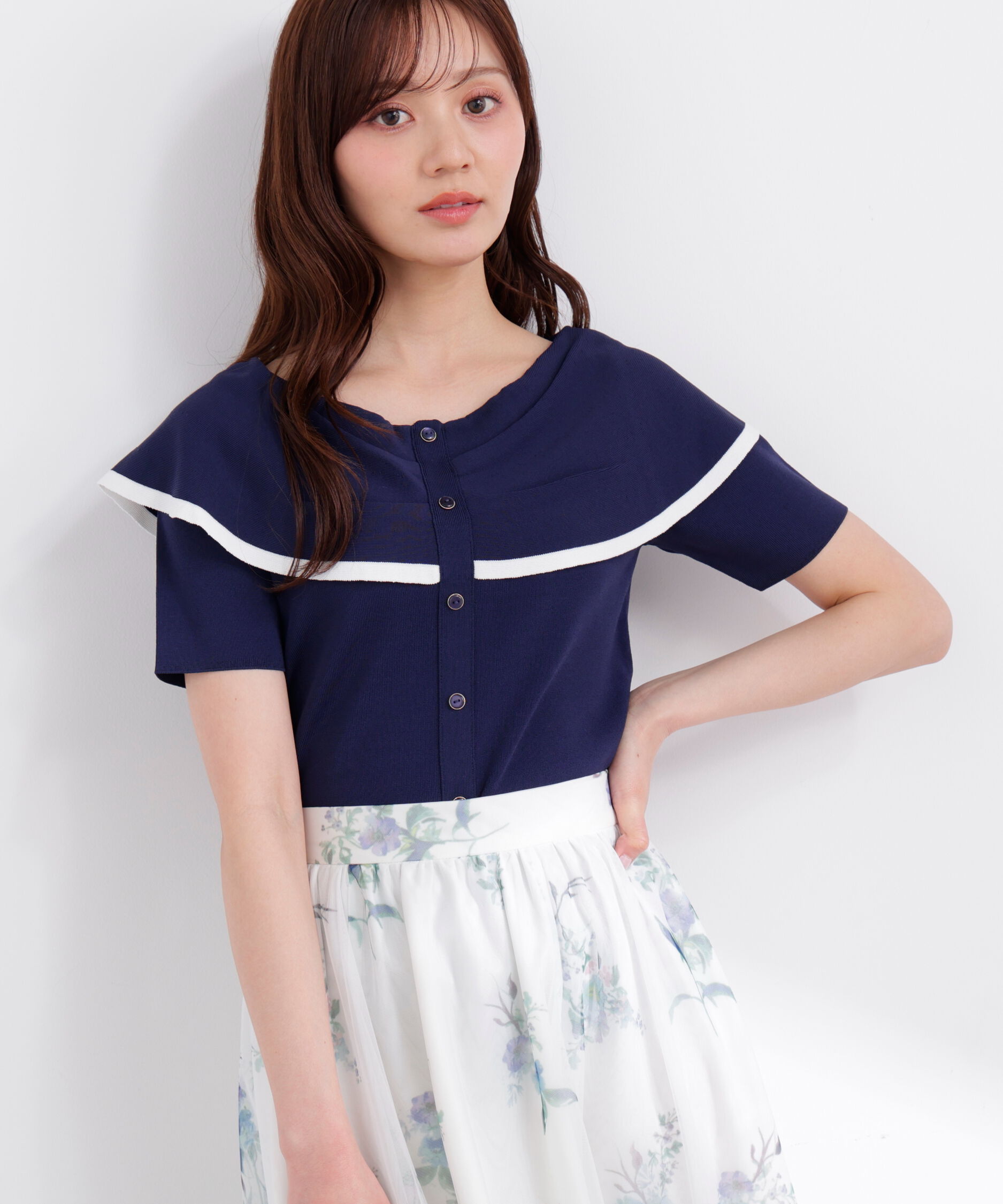 PROPORTION BODY DRESSING「トリムラインケープニットトップス 26SS」|ニット・セーター|ネイビー&times;ホワ