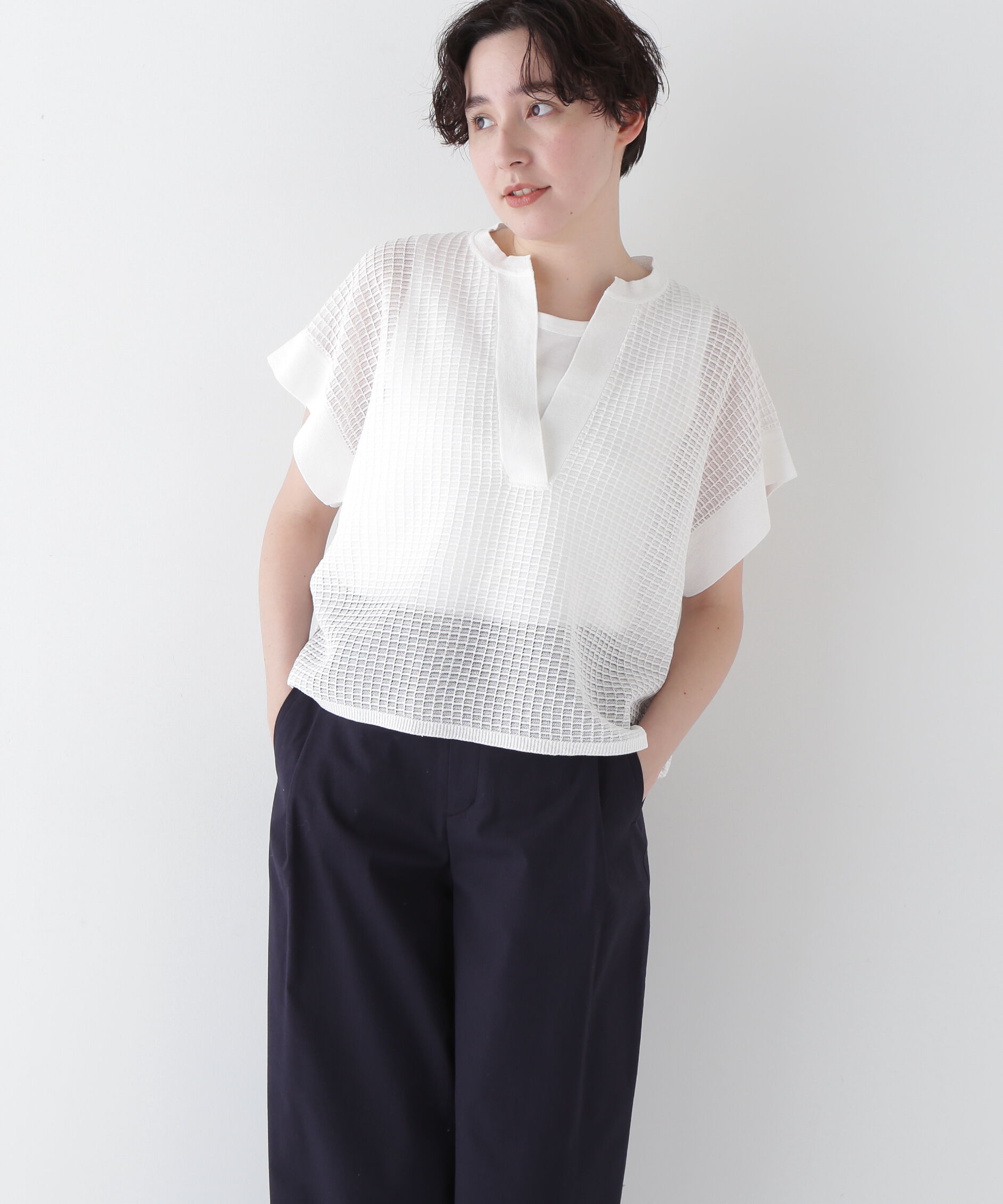  「◆【ウォッシャブル】【WEB・一部店舗限定】コットンポリエステルシアーチェックスキッパー」|ニット・セーター|ホワイト