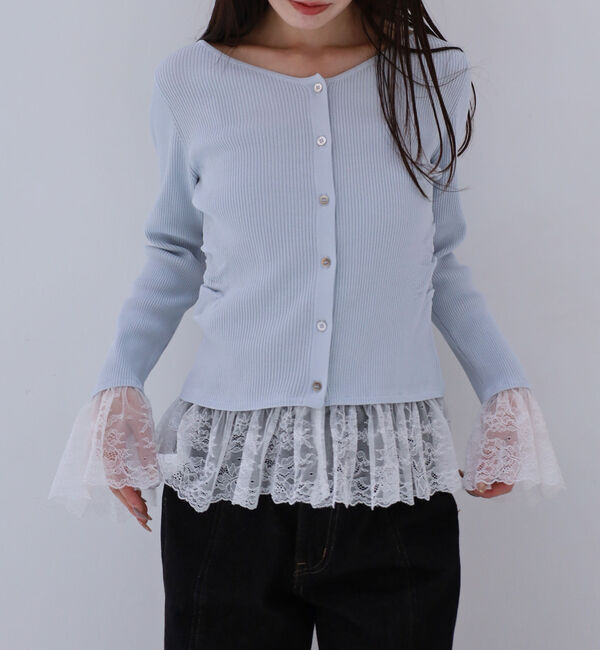 archives「レースドッキングギャザーニットカーディガン」|カーディガン|BLUE