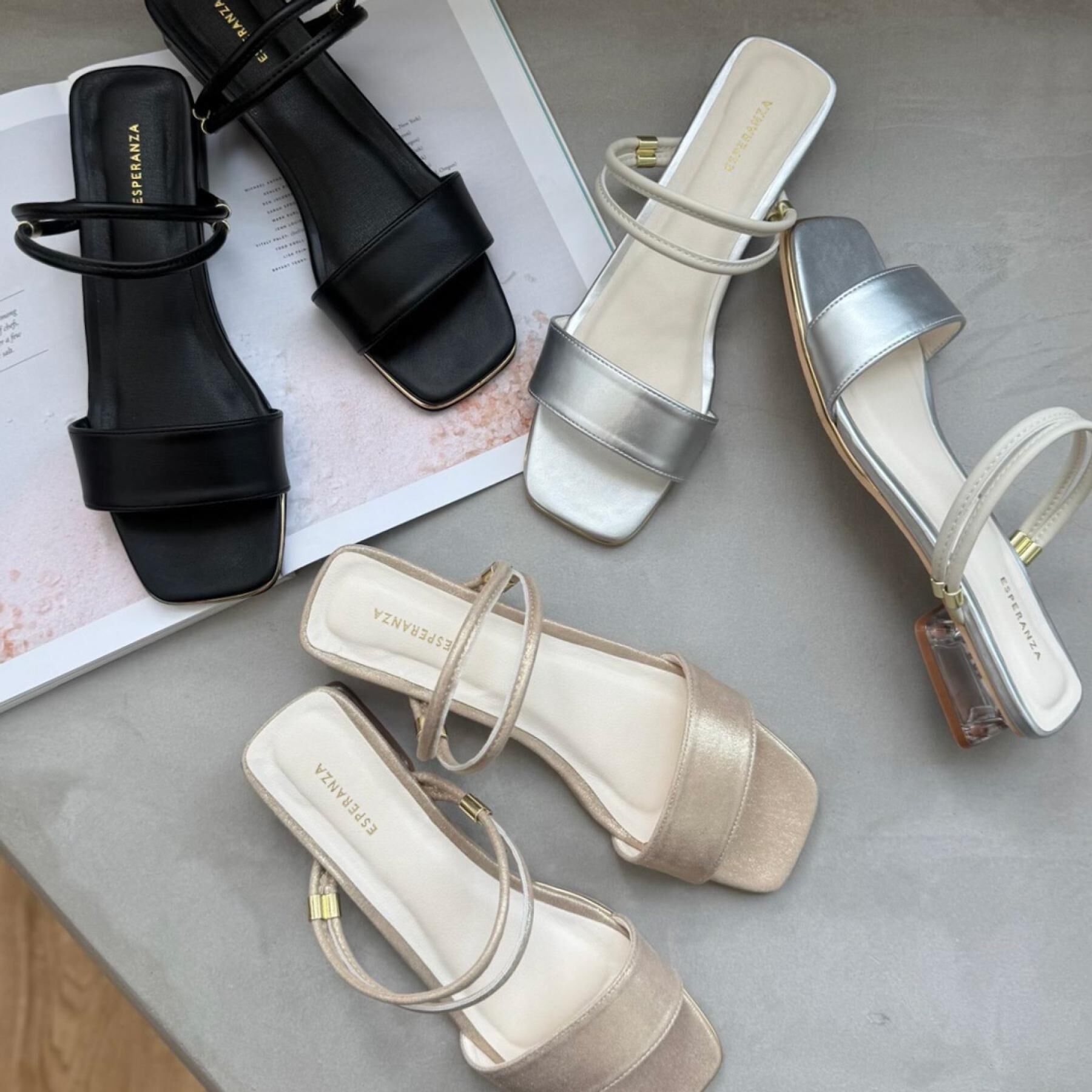 ESPERANZA「スクエアトゥクリアローヒールサンダル」|サンダル|