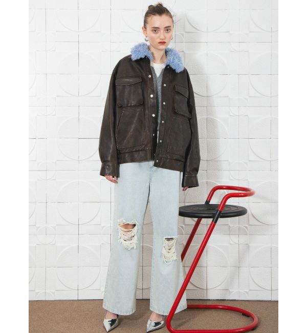 CALNAMUR「ファーカラーフェイクレザーモンスターブルゾン」|ブルゾン・スタジャン|