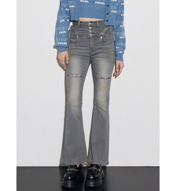 EMODA「カーブレースアップハイウエストフレアパギンス」|デニム|グレー