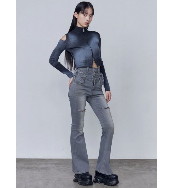 EMODA「カーブレースアップハイウエストフレアパギンス」|デニム|