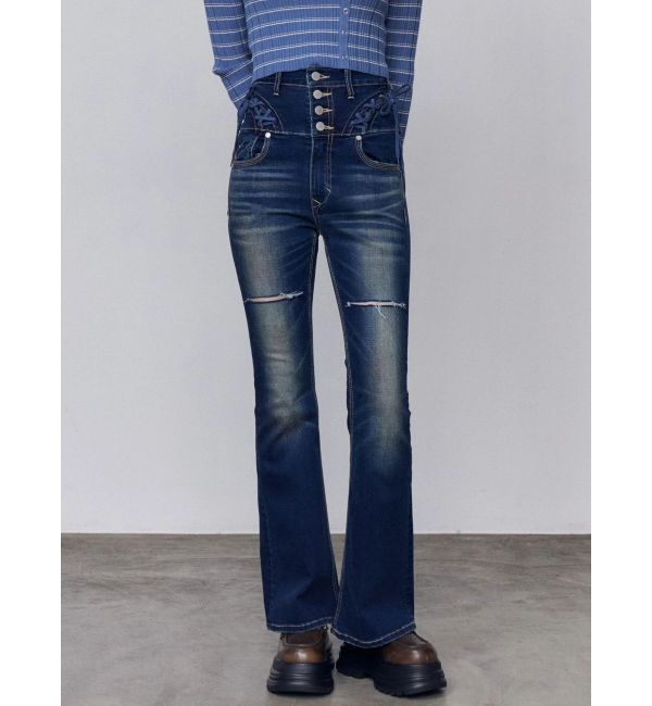 EMODA「カーブレースアップハイウエストフレアパギンス」|デニム|