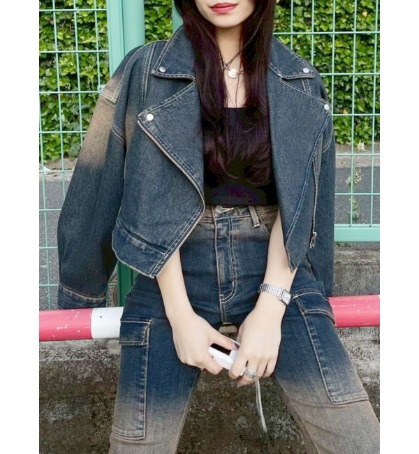 EVRIS「グラデーションデニムショートライダース【セットアップ着用可能】」|デニムジャケット|インディゴ