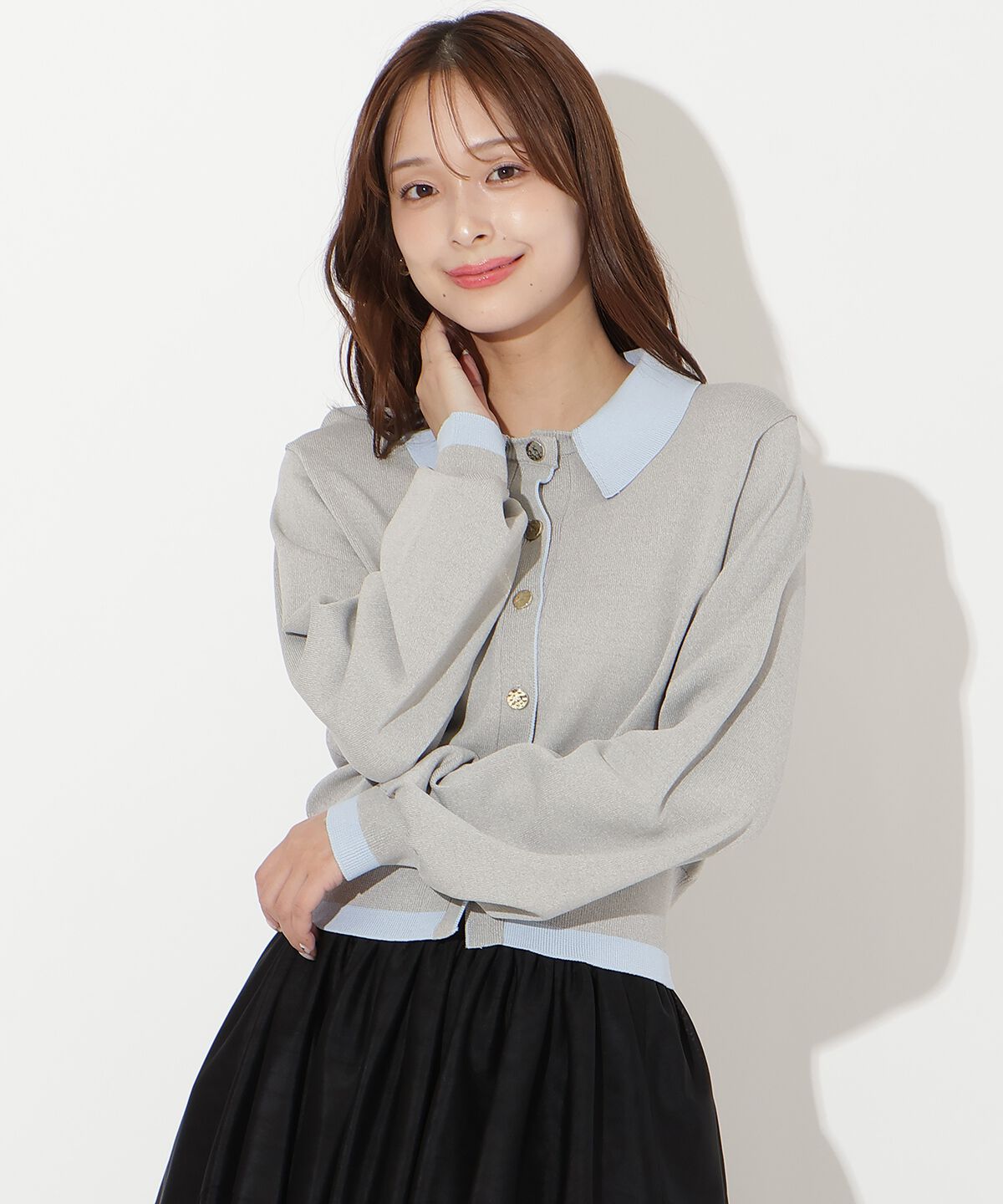 アンドクチュール「配色レイヤードライクニットカーディガン」|カーディガン|ライトグレー