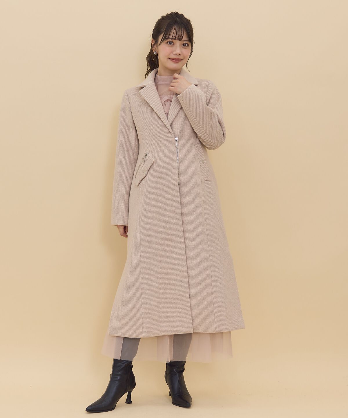 REDYAZEL「ジップチェスターコート」|ステンカラーコート|ベージュ