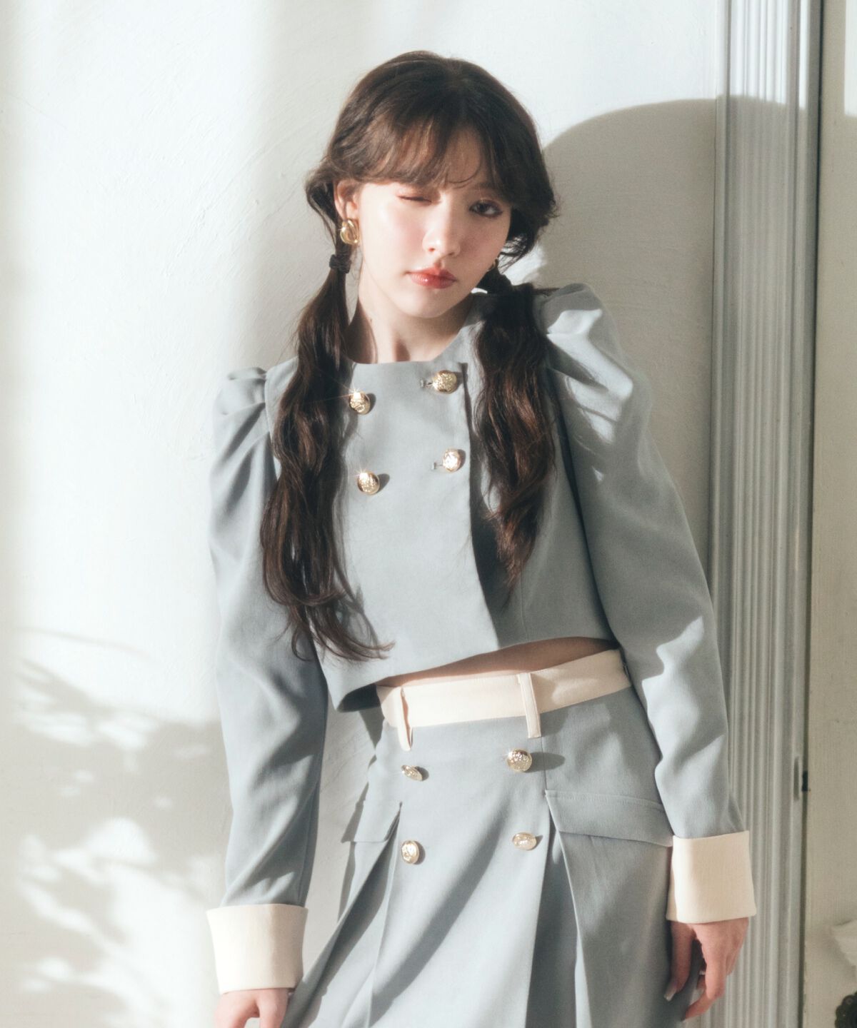 REDYAZEL「ダブルボタンバイカラージャケット」|ノーカラージャケット|