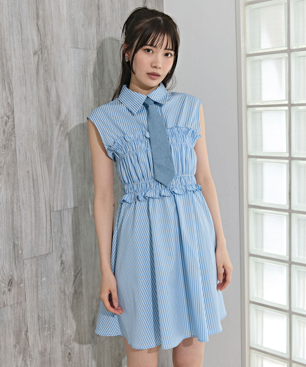 REDYAZEL「ヘムフリルレイヤードストライプシャツワンピース」|ワンピース|サックス