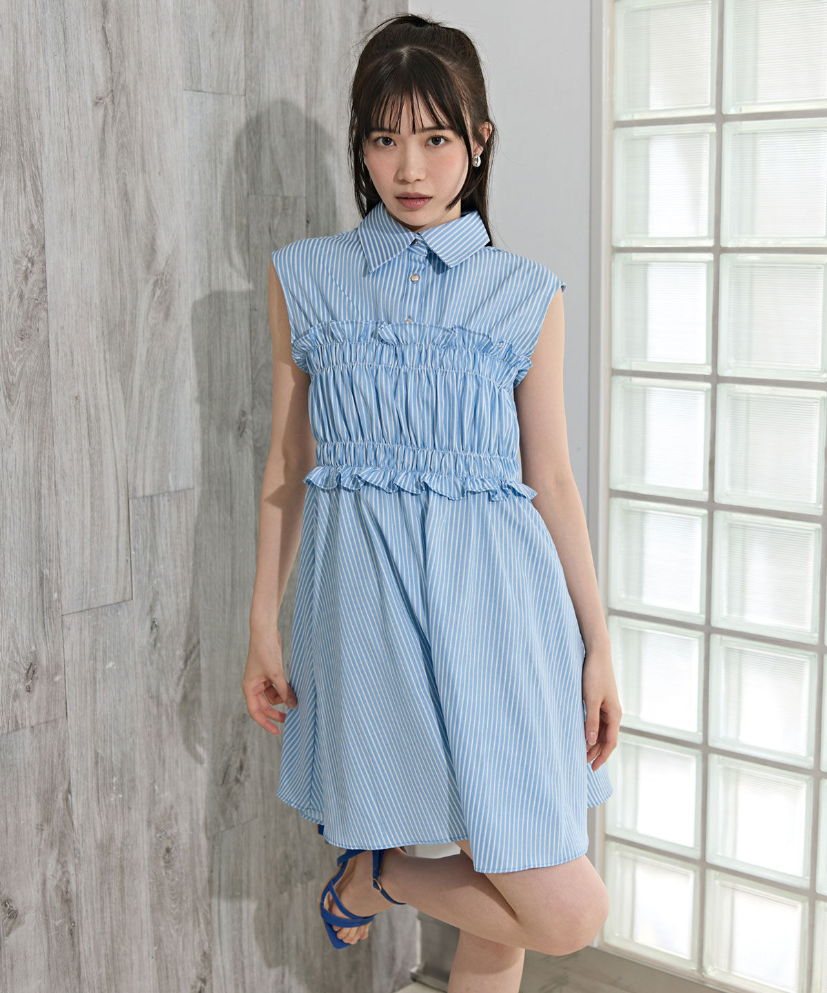 REDYAZEL「ヘムフリルレイヤードストライプシャツワンピース」|ワンピース|