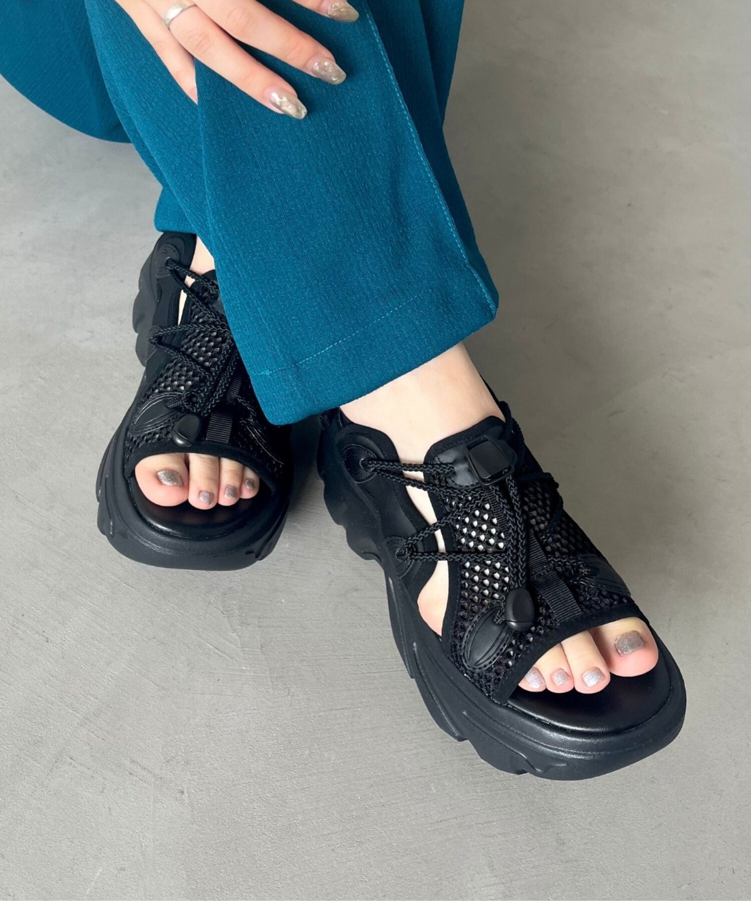 ORiental TRaffic「ドローコード&times;メッシュ厚底サンダル/51210 サンダル 厚底　メッシュ トレンド」|サンダル|BLACK