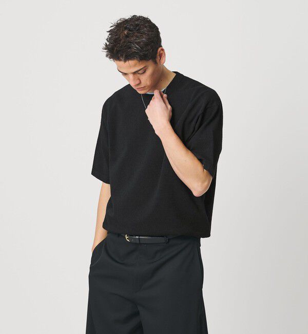 BEAUTY&YOUTH UNITED ARROWS「KNITEE クリンプコットン クルーネック ニット Tシャツ ウォッシャブル」|ニット・セーター|BLACK