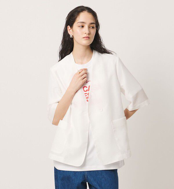 UNITED ARROWS「シアー ノーラペル ハーフスリーブ ジャケット ‐ウォッシャブル‐」|ノーカラージャケット|OFF WHITE