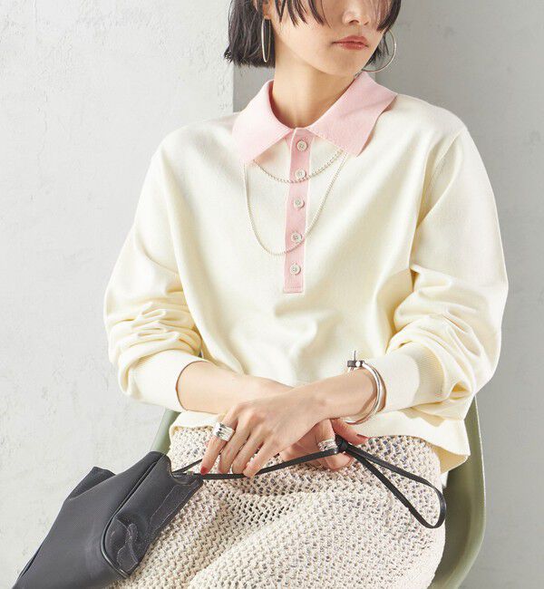 SHIPS for women「〈手洗い可能〉配色 ポロカラー プルオーバー」|ニット・セーター|オフホワイト