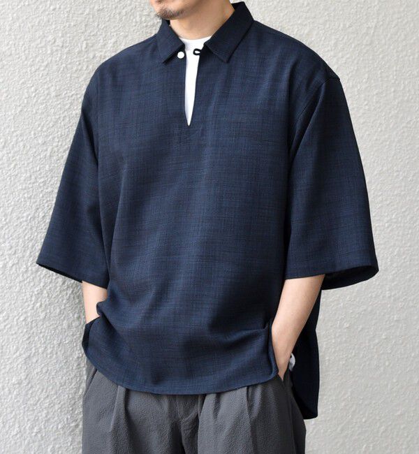 SHIPS any「SHIPS any:〈UVカット〉FUTURE LINEN CANVAS リネンライク スキッパー プルオーバーシャツ◇」|シャツ・ブラウス|ネイビー