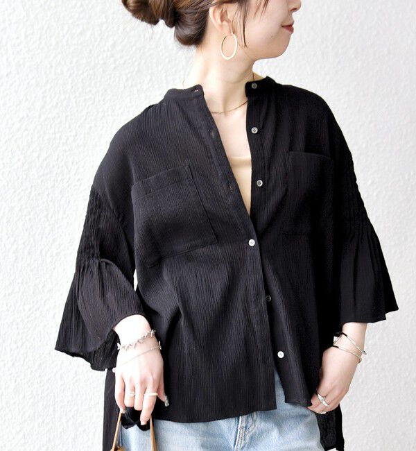 SHIPS any「SHIPS any:〈洗濯機可能〉楊柳 シアー バンド カラー フレア シャツ」|シャツ・ブラウス|ブラック
