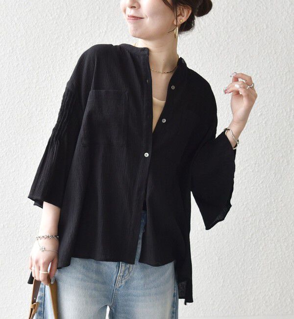 SHIPS any「SHIPS any:〈洗濯機可能〉楊柳 シアー バンド カラー フレア シャツ」|シャツ・ブラウス|