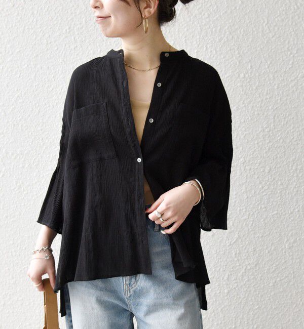 SHIPS any「SHIPS any:〈洗濯機可能〉楊柳 シアー バンド カラー フレア シャツ」|シャツ・ブラウス|