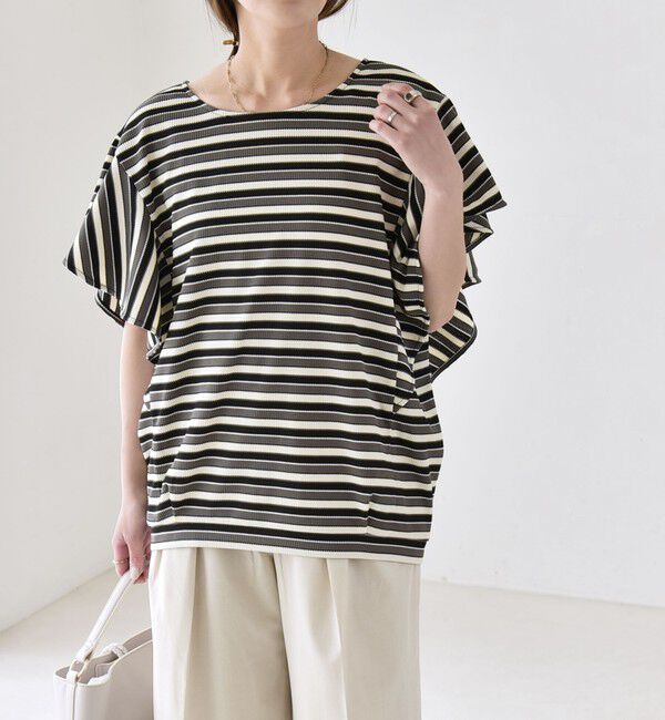 quaranciel「《予約》quaranciel:〈洗濯機可能〉マルチボーダー ラッフル コクーン プルオーバー」|Tシャツ・カットソー|