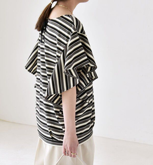 quaranciel「《予約》quaranciel:〈洗濯機可能〉マルチボーダー ラッフル コクーン プルオーバー」|Tシャツ・カットソー|