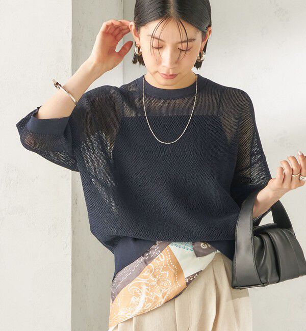 SHIPS for women「《予約》〈手洗い可能〉16G 半袖 プルオーバー」|ニット・セーター|ネイビー