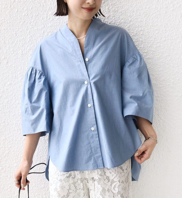 SHIPS for women「《予約》〈手洗い可能〉バック フレア 袖 ギャザー スキッパー ブラウス」|シャツ・ブラウス|ブルー
