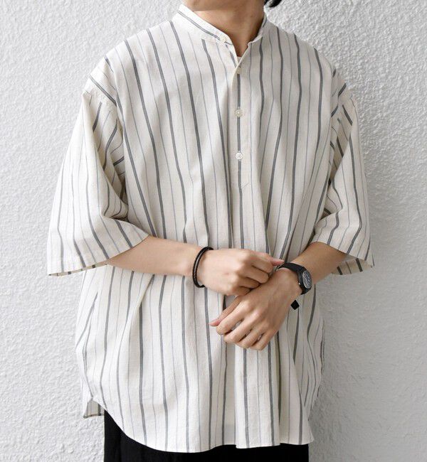 SHIPS any「SHIPS any:〈洗濯機可能〉コットン/リネン ストライプ バンド スキッパー ハーフスリーブ シャツ 26SS◆」|シャツ・ブラウス|ホワイト