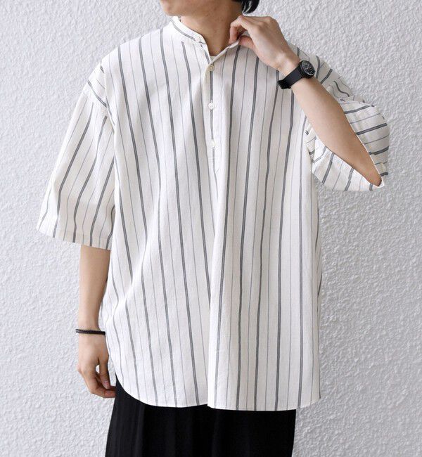 SHIPS any「SHIPS any:〈洗濯機可能〉コットン/リネン ストライプ バンド スキッパー ハーフスリーブ シャツ 26SS◆」|シャツ・ブラウス|