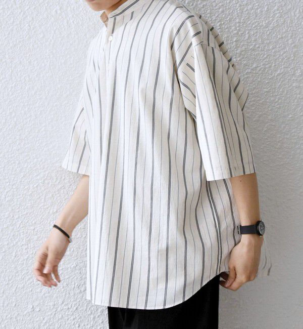SHIPS any「SHIPS any:〈洗濯機可能〉コットン/リネン ストライプ バンド スキッパー ハーフスリーブ シャツ 26SS◆」|シャツ・ブラウス|