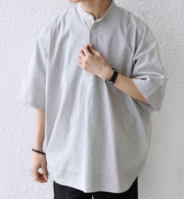 SHIPS any「SHIPS any:〈洗濯機可能〉コットン/リネン ストライプ バンド スキッパー ハーフスリーブ シャツ 26SS◆」|シャツ・ブラウス|グレー