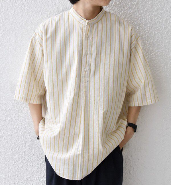 SHIPS any「SHIPS any:〈洗濯機可能〉コットン/リネン ストライプ バンド スキッパー ハーフスリーブ シャツ 26SS◆」|シャツ・ブラウス|イエロー