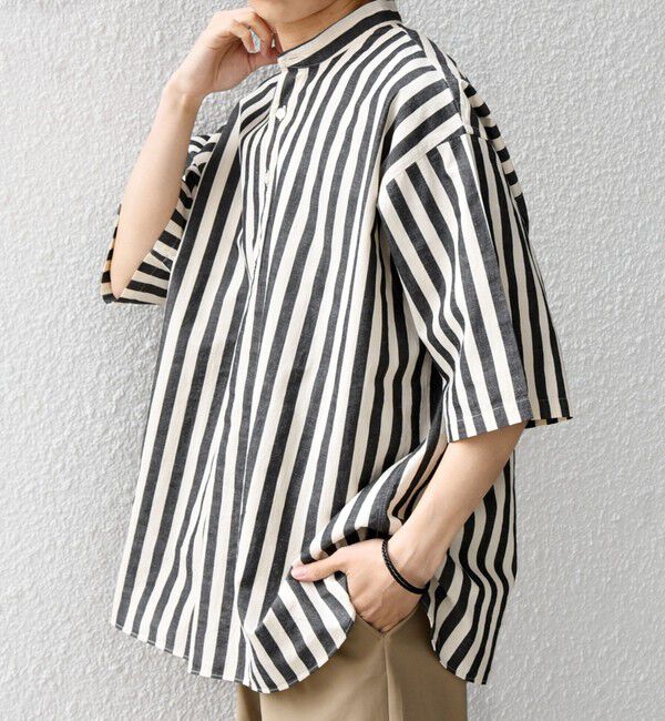 SHIPS any「SHIPS any:〈洗濯機可能〉コットン/リネン ストライプ バンド スキッパー ハーフスリーブ シャツ 26SS◆」|シャツ・ブラウス|ブルー