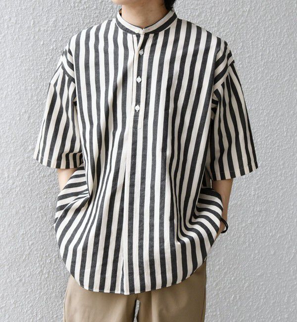 SHIPS any「SHIPS any:〈洗濯機可能〉コットン/リネン ストライプ バンド スキッパー ハーフスリーブ シャツ 26SS◆」|シャツ・ブラウス|