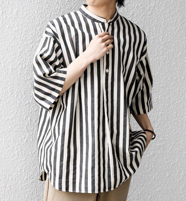 SHIPS any「SHIPS any:〈洗濯機可能〉コットン/リネン ストライプ バンド スキッパー ハーフスリーブ シャツ 26SS◆」|シャツ・ブラウス|