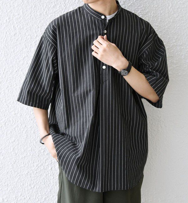 SHIPS any「SHIPS any:〈洗濯機可能〉コットン/リネン ストライプ バンド スキッパー ハーフスリーブ シャツ 26SS◆」|シャツ・ブラウス|