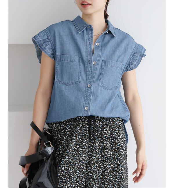 IENA「《予約》BLACK シャンブレーフリルブラウス」|シャツ・ブラウス|