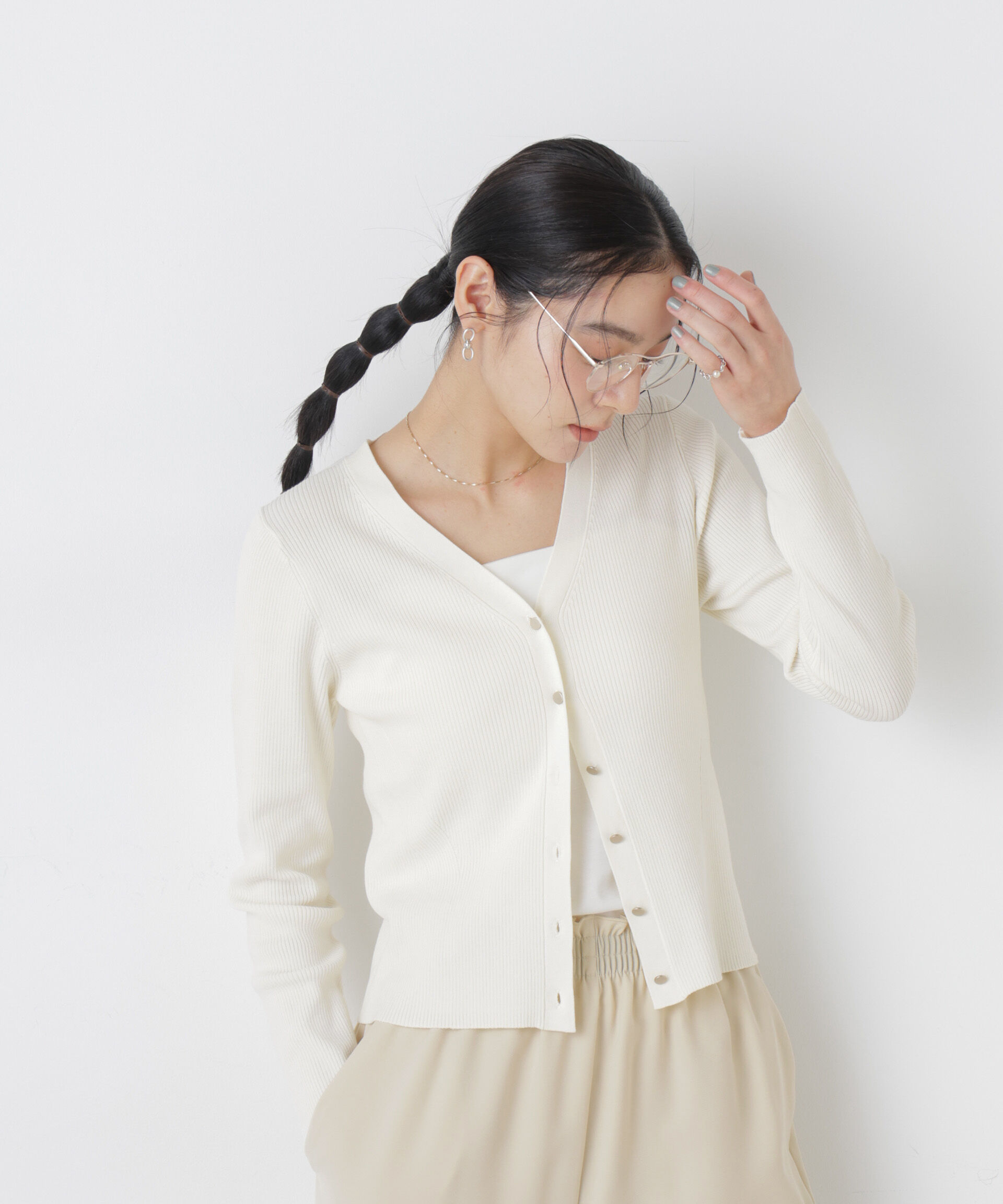 nano･universe「ウォッシャブルハイツイストVネックリブカーディガン」|ニット・セーター|