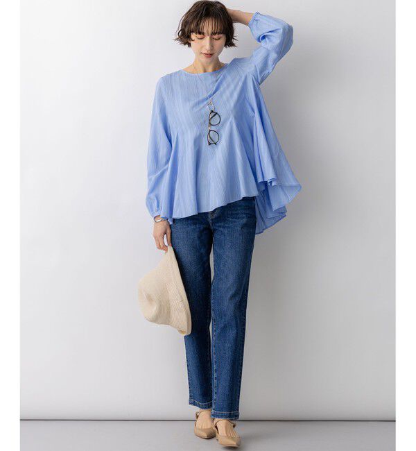 23区「ドビーストライプ クルーネック フレアブラウス」|シャツ・ブラウス|